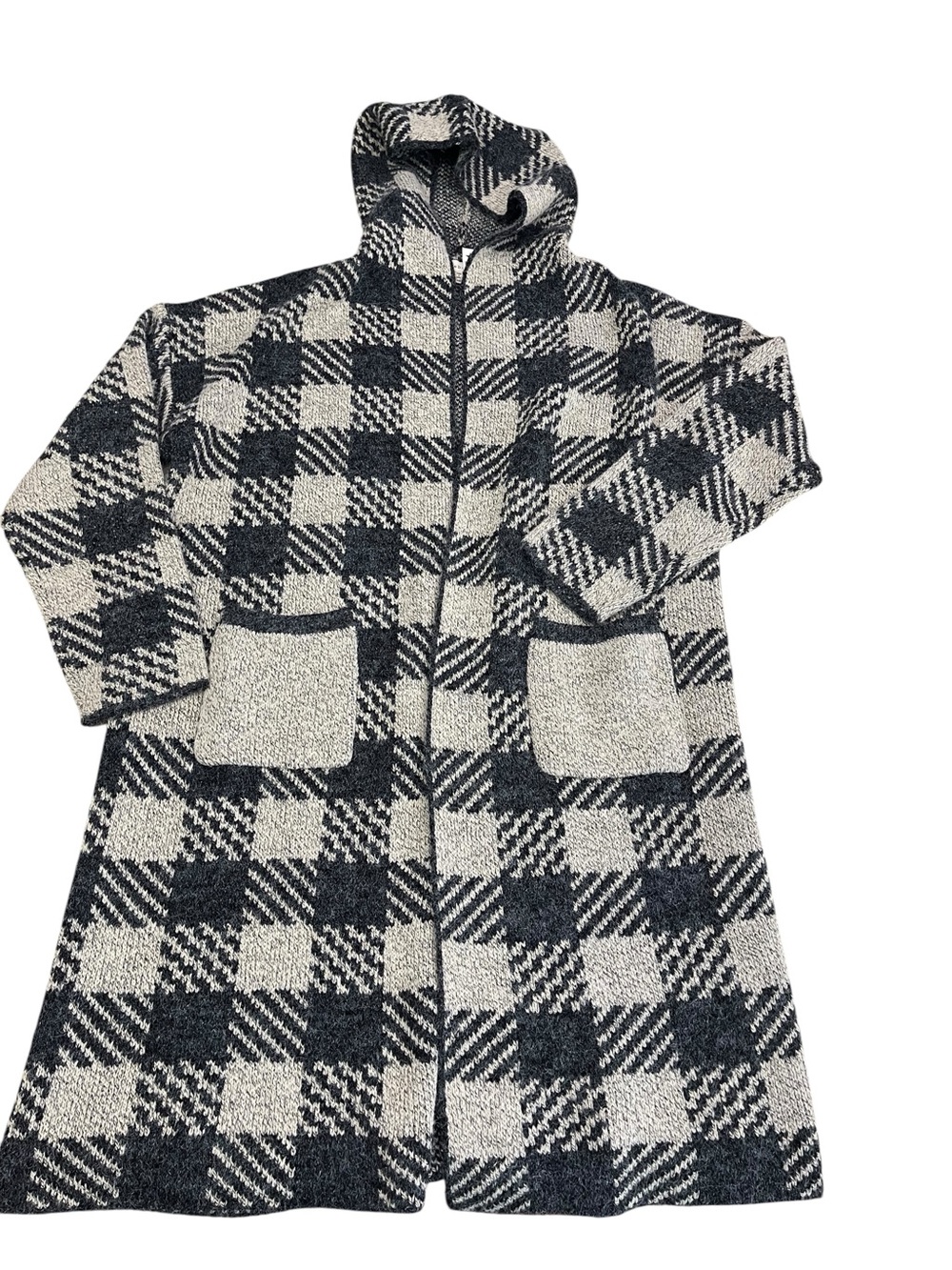 debut Black and‎ Cream Plaid Hooded Cardigan XS